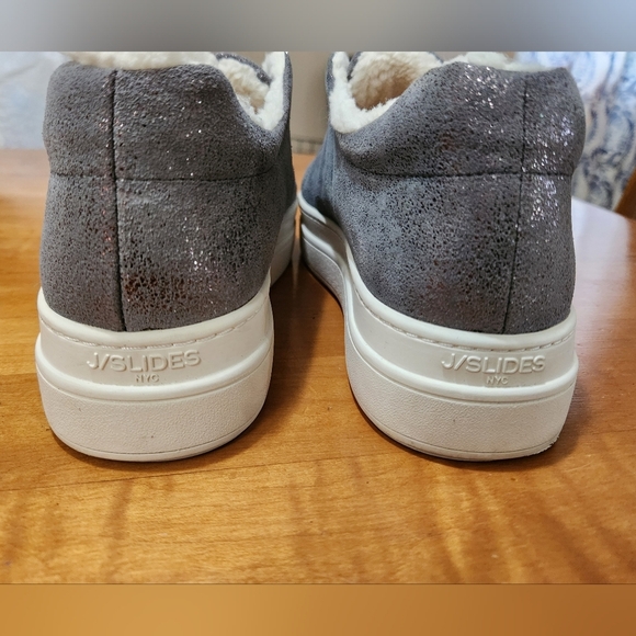 J/Slides Nada Pewter Metallic Suede Slip On Platform Shoes Faux Shearling Suede - Picture 8 of 11